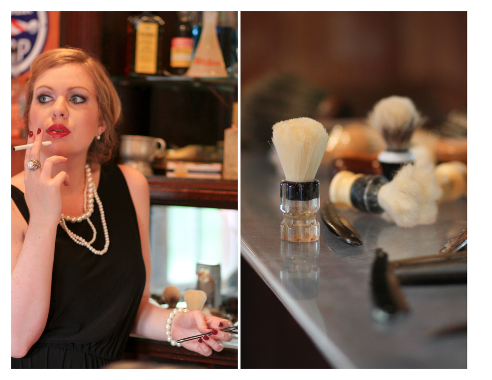 Tracy looking away.  Photo of barber shaving brushes