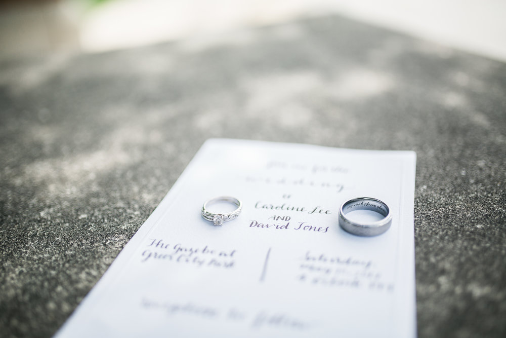 Wedding Rings laying on Wedding invitations