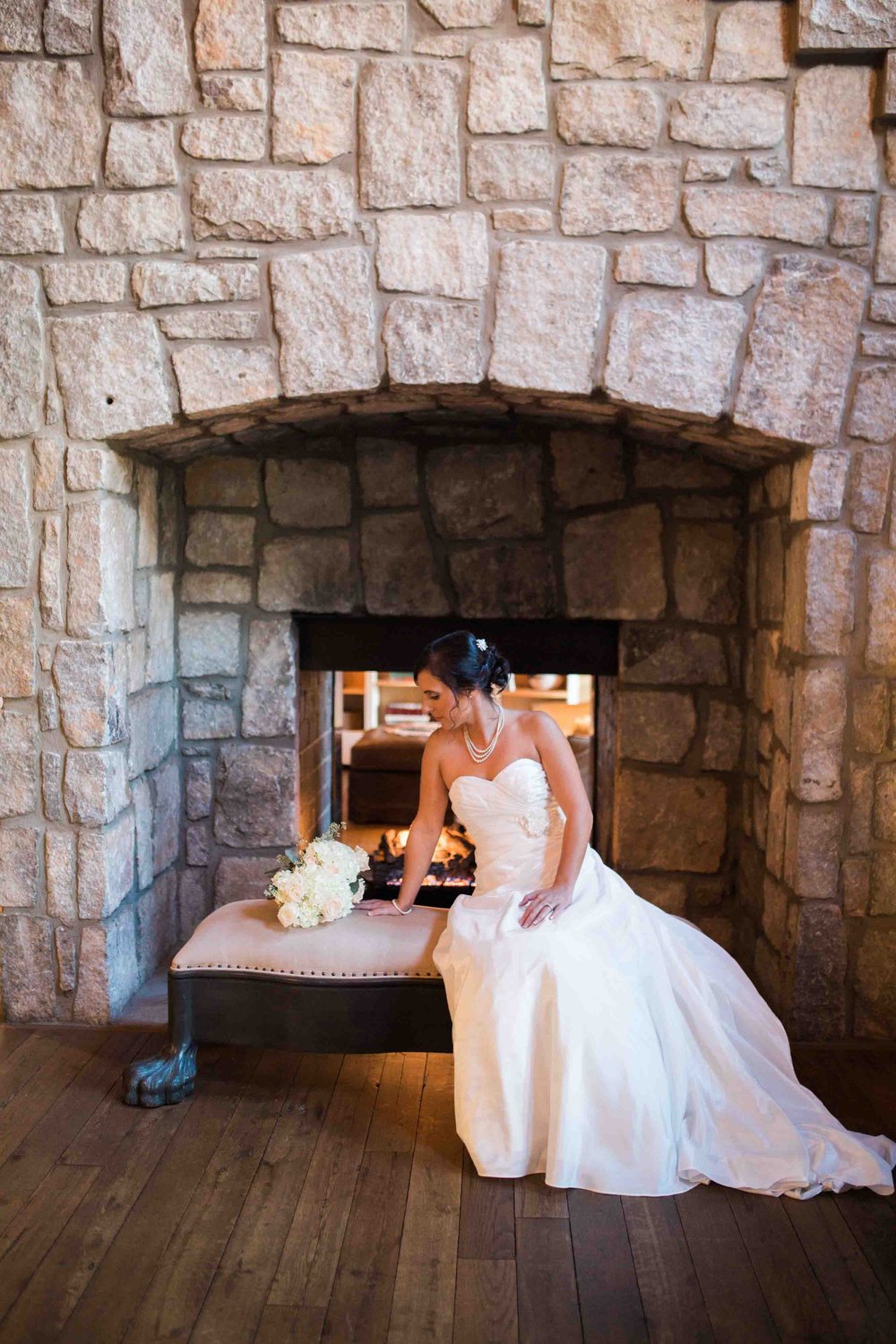 Bride, Bouquet and Fireplace