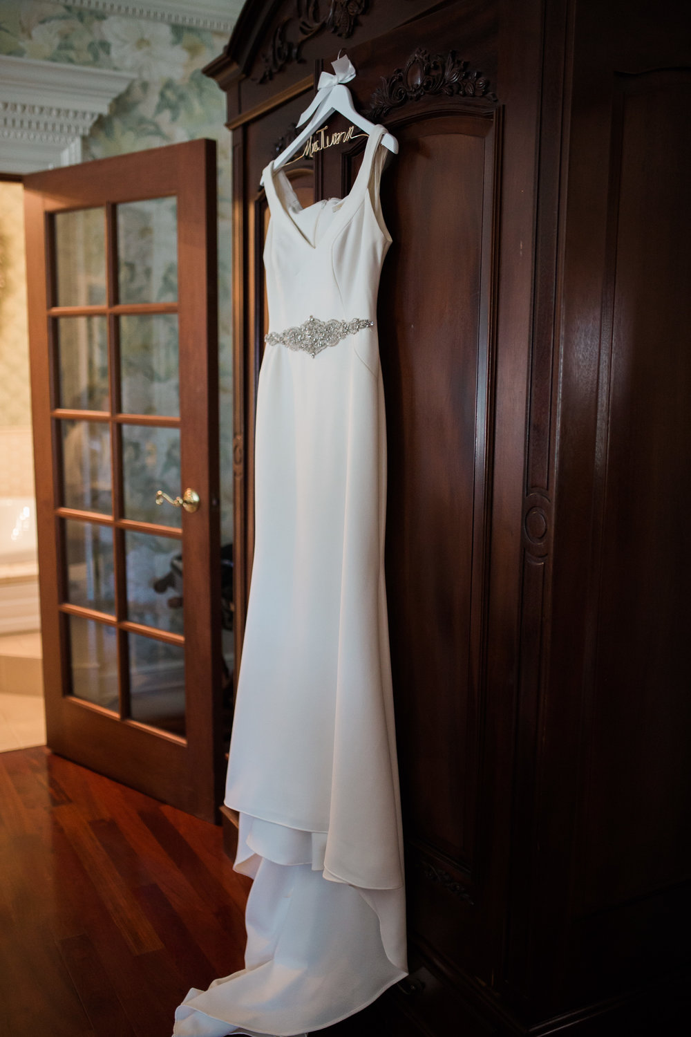Wedding Dress Hanging in Bridal Suite